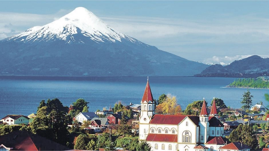 Osorno Volcano and Puerto Varas church by Lake Llanquihue