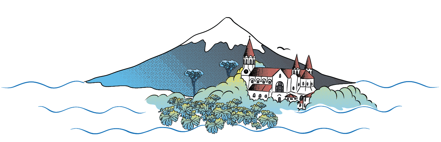 ICH2026 conference visual identity over the Puerto Varas and Osorno Volcano illustration